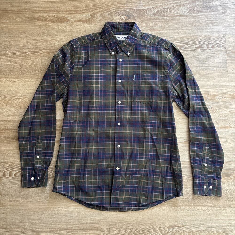 Barbour Shirt Mens Small Green Blue Tailored Tartan Plaid Pocket Button Down